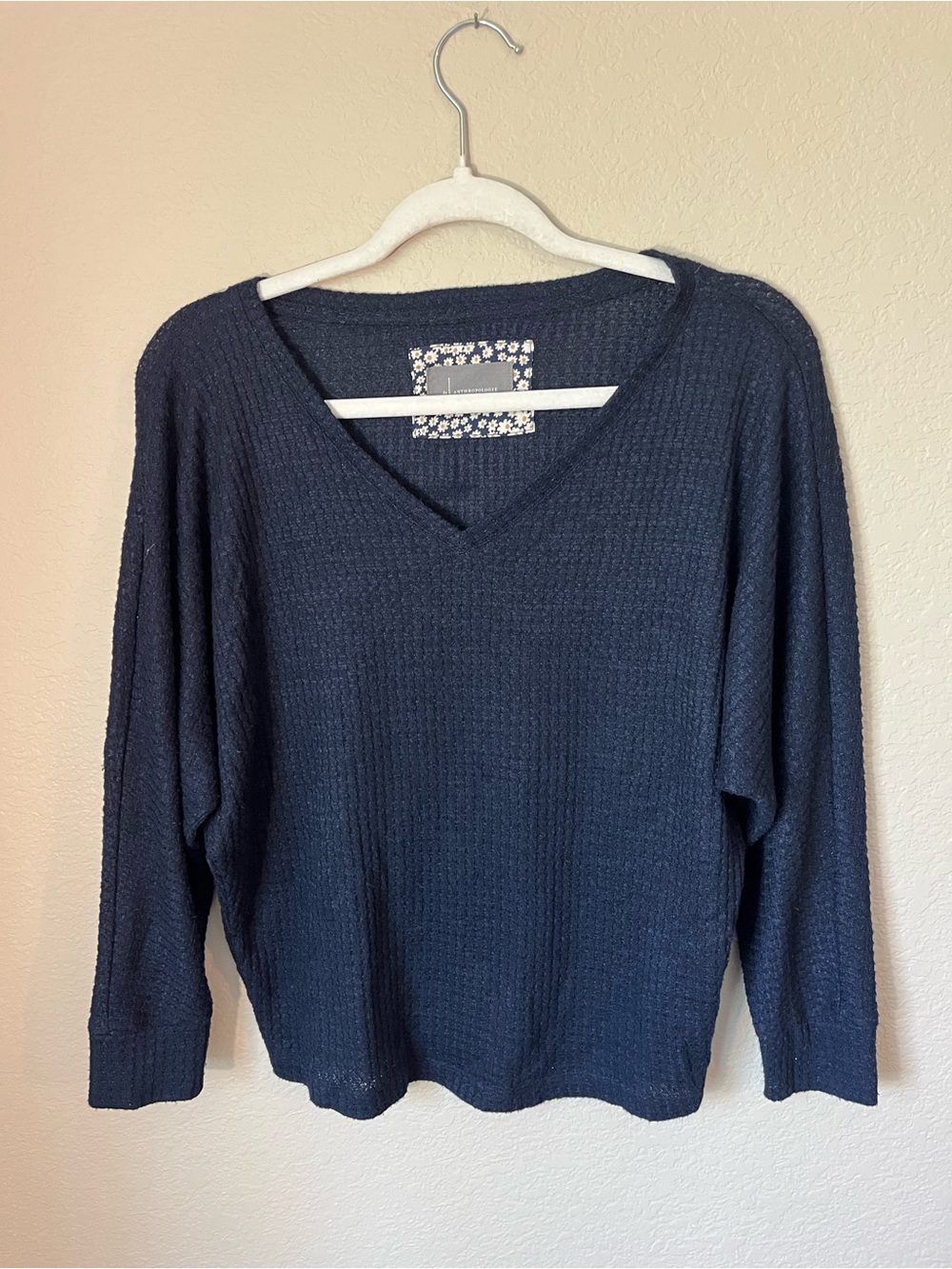 By Anthropologie Navy Waffle Knit V-Neck Slouchy Pullover Sweater Cozy Boho Med